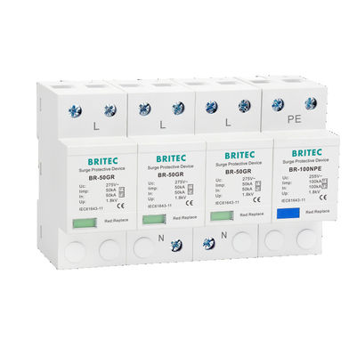 BR-50GR 3P+N ประเภท 1 อุปกรณ์ป้องกันการกระตุ้นระดับชั้น 1 AC SPD 50ka Thunder Lightning Arrester SPD ประเภท 1 และ 2