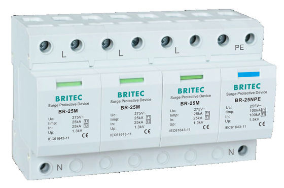 BR-25M 3P+1NPE 25kA T1+T2 Varistor Surge arrester B+C โลเวตติกต่ํา 3 ขั้นตอน AC Spd Lightning Protector