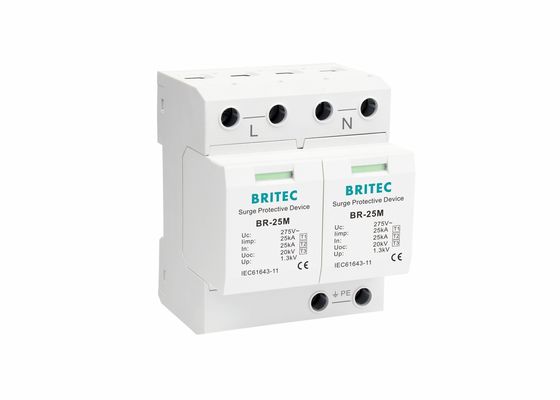 25kA 275V Single Phase 2P ประเภท 1 Class I อุปกรณ์ป้องกันไฟกระชากพร้อมหน้าสัมผัสแบบแห้ง BR-25M 2P