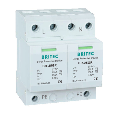 BRITEC BR-25GR 2P เครื่องป้องกันฟ้าคะนองแรงดันต่ํา 25kA ประเภท 1 ป้องกันแรงกระจาย