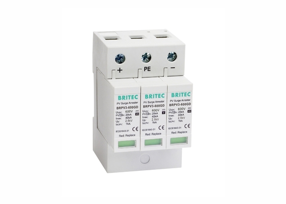 3 เสา DC 600V อุปกรณ์ป้องกันไฟกระชากไฟฟ้าโซลาร์เซลล์ 40kA อุปกรณ์ป้องกันไฟกระชากพลังงานแสงอาทิตย์