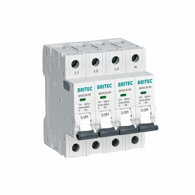 BRSCB-80 4P อุปกรณ์ป้องกันการกระชับกระชับชั้น II 80KA MCB เบ็คอัพพิเศษที่ออกแบบเป็นพิเศษสําหรับ Surge Arrester SCB