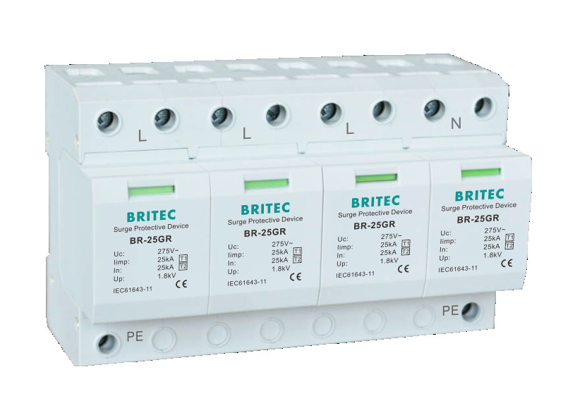 BR-25GR 4P SPD อุปกรณ์ป้องกันฟ้าผ่าไฟกระชากราง DIN 35 Mm ac spd