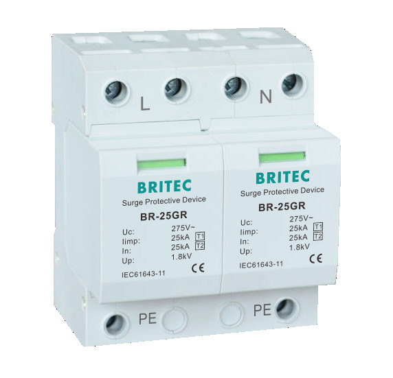 BRITEC BR-25GR 2P เครื่องป้องกันฟ้าคะนองแรงดันต่ํา 25kA ประเภท 1 ป้องกันแรงกระจาย