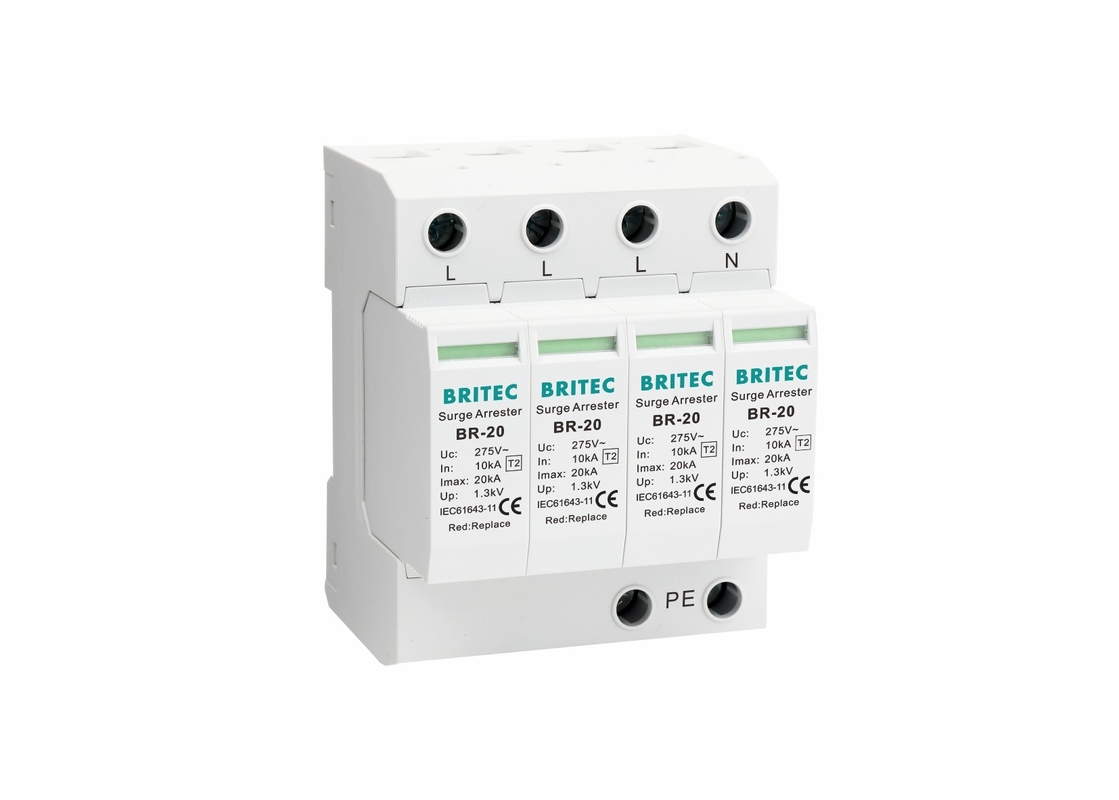 AC 4P ประเภท 2 20kA เครื่องป้องกันสายฟ้าครบหลัง SPD เครื่องป้องกันการกระจายไฟ