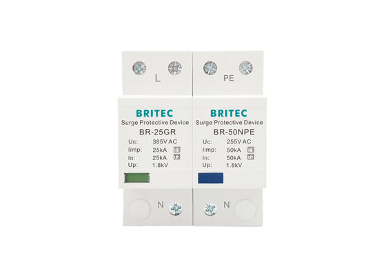 25 KA อุปกรณ์ป้องกันไฟกระชากประเภท 1 เฟสเดียว 1+1 Class I สำหรับ TT TN-S