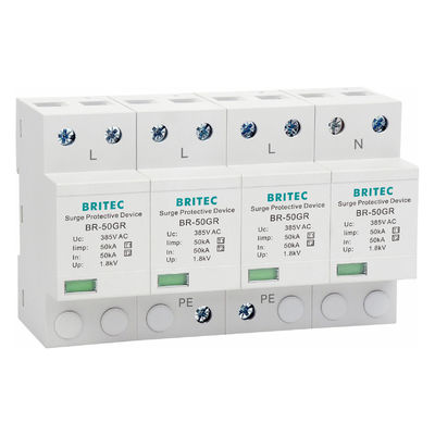 อุปกรณ์ป้องกันการกระจายไฟที่ได้รับการอนุมัติ BRITEC 50kA TUV/CE/ROHS พร้อม SPD 10/350 waveform lightning arrestor