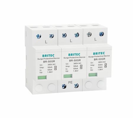อุปกรณ์ป้องกันการกระจายไฟที่ได้รับการอนุมัติ BRITEC 50kA TUV/CE/ROHS พร้อม SPD 10/350 waveform lightning arrestor