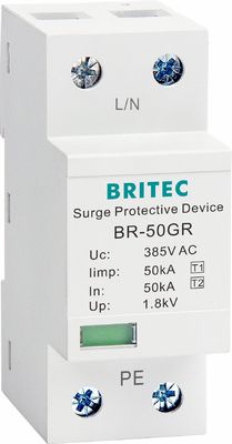 อุปกรณ์ป้องกันการกระจายไฟที่ได้รับการอนุมัติ BRITEC 50kA TUV/CE/ROHS พร้อม SPD 10/350 waveform lightning arrestor