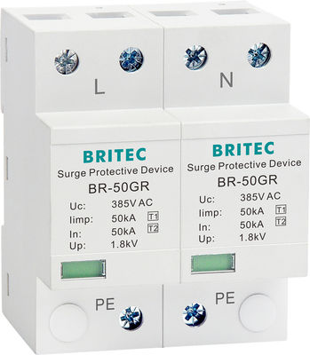 อุปกรณ์ป้องกันการกระจายไฟที่ได้รับการอนุมัติ BRITEC 50kA TUV/CE/ROHS พร้อม SPD 10/350 waveform lightning arrestor