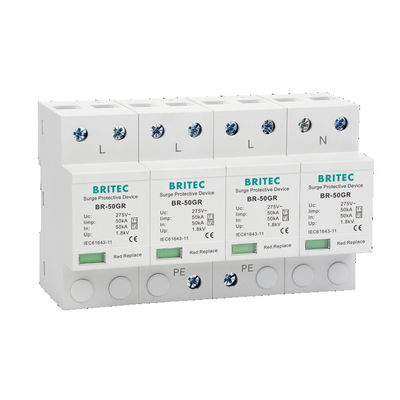 BR-50GR 3P+N ประเภท 1 อุปกรณ์ป้องกันการกระตุ้นระดับชั้น 1 AC SPD 50ka Thunder Lightning Arrester SPD ประเภท 1 และ 2