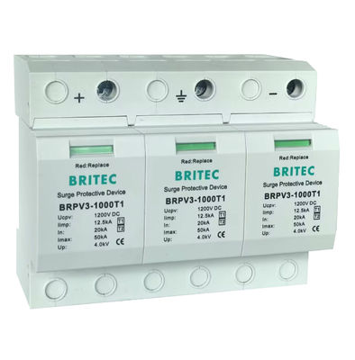 BRPV3-1000 T1 50ka DC 1000V 12.5ka Pv Surge Arrester อุปกรณ์ป้องกันแสงอาทิตย์ T1 T2 Dc SPDs โฟโตวอลเตีย