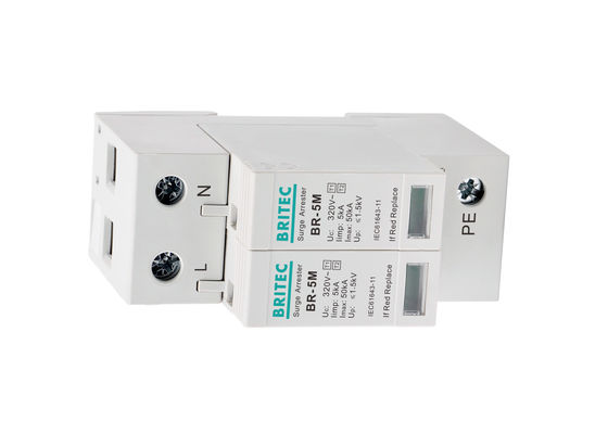 BR-5M 320V 2P อุปกรณ์ป้องกันไฟกระชากแบบเฟสเดียว 2 ขั้ว พร้อม 5kA Type 1 + Type 2 ติดตั้งบนราง DIN