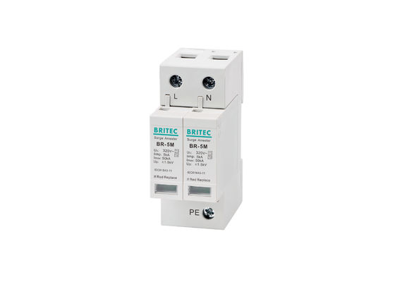 BR-5M 320V 2P อุปกรณ์ป้องกันไฟกระชากแบบเฟสเดียว 2 ขั้ว พร้อม 5kA Type 1 + Type 2 ติดตั้งบนราง DIN